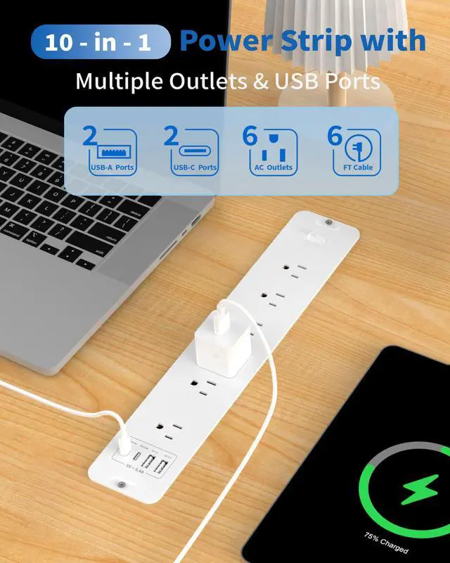 Alt view image 6 of 7 - Recessed Power Strip, Flush Mount Power Strip with USB Ports, PD 20W USB C Fast Charging, 6 FT Extension Cord Surge Protector with1800J, Furniture Hidden Outlet for Side Table, End Table
