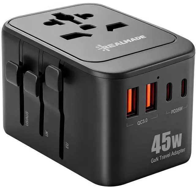 Main image of 45W GaN PD Travel Adapter 5-Port EU UK US AU Plug Black | All-in-one international power adapter, travel essential for US EU UK overseas trips