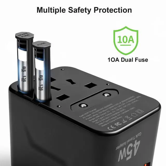 Alt view image 4 of 5 - 45W GaN PD Travel Adapter 5-Port EU UK US AU Plug Black | All-in-one international power adapter, travel essential for US EU UK overseas trips