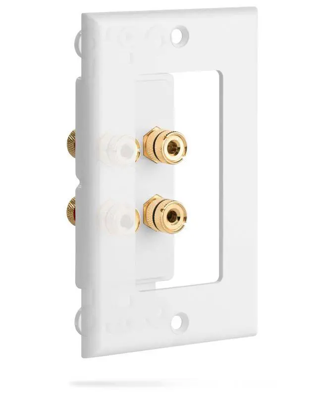 Alt view image 2 of 5 - Two Speaker Home Theater Banana Binding Post Coupler Wall Plate | 2 Speaker White Gold Plated Copper Audio Distribution Outlet Faceplate for High Quality Surround Sound Wire Connection System
