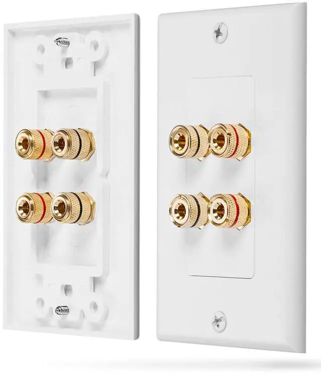 Main image of Two Speaker Home Theater Banana Binding Post Coupler Wall Plate | 2 Speaker White Gold Plated Copper Audio Distribution Outlet Faceplate for High Quality Surround Sound Wire Connection System