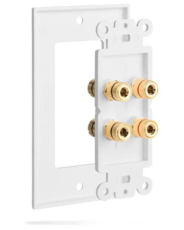 Alt view image 3 of 5 - Two Speaker Home Theater Banana Binding Post Coupler Wall Plate | 2 Speaker White Gold Plated Copper Audio Distribution Outlet Faceplate for High Quality Surround Sound Wire Connection System