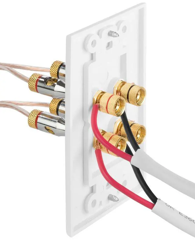 Alt view image 4 of 5 - Two Speaker Home Theater Banana Binding Post Coupler Wall Plate | 2 Speaker White Gold Plated Copper Audio Distribution Outlet Faceplate for High Quality Surround Sound Wire Connection System