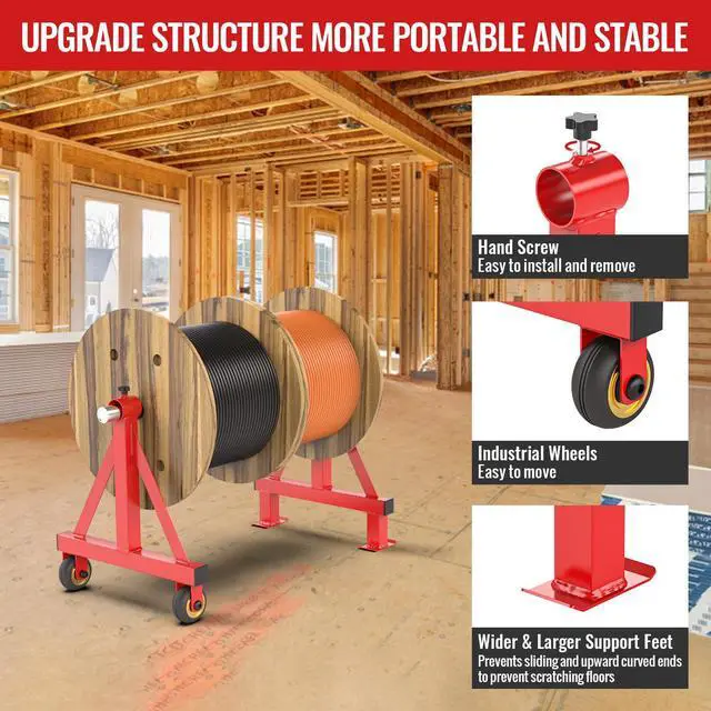 Alt view image 4 of 7 - Wire Spool Rack Portable Cable Caddy Steel Wire Spool Holder | Wire Dispenser Rack with Wheels for up to 28" Diameter Spools 220 Lbs Capacity (Red)