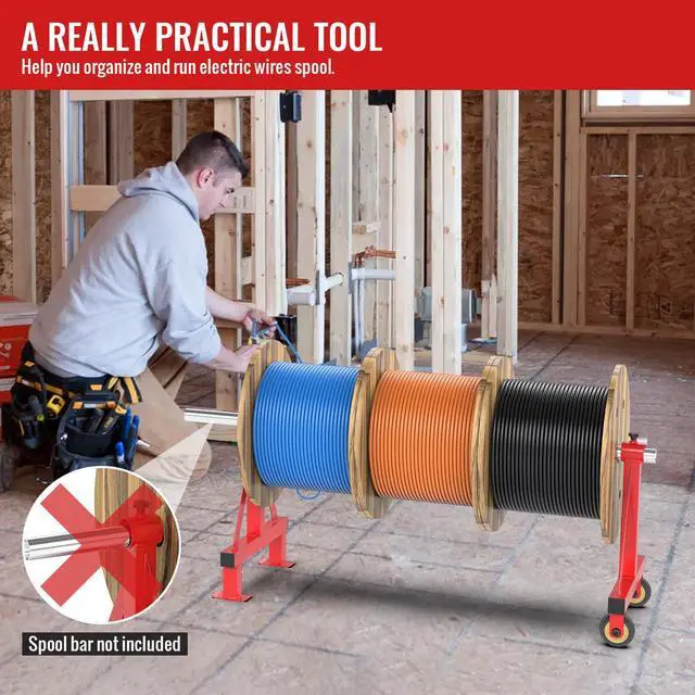 Alt view image 6 of 7 - Wire Spool Rack Portable Cable Caddy Steel Wire Spool Holder | Wire Dispenser Rack with Wheels for up to 28" Diameter Spools 220 Lbs Capacity (Red)