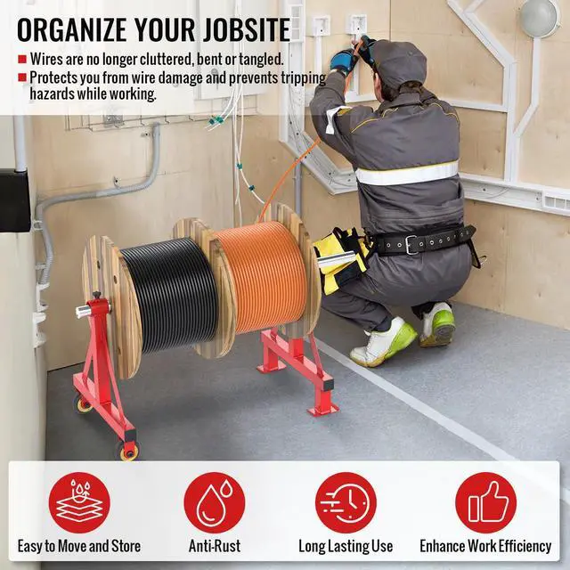Alt view image 7 of 7 - Wire Spool Rack Portable Cable Caddy Steel Wire Spool Holder | Wire Dispenser Rack with Wheels for up to 28" Diameter Spools 220 Lbs Capacity (Red)