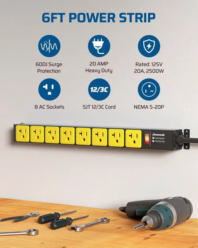 Alt view image 2 of 7 - 20 Amp Power Strip, 12 Gauge Extension Cord, 6FT, UL Listed | 8 AC Outlets, Overload & Surge Protection, Wide-Spaced 5-20R & 5-20P T-Slot, Heavy Duty for Garage, Workshop, Outdoor