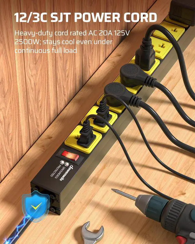 Alt view image 6 of 7 - 20 Amp Power Strip, 12 Gauge Extension Cord, 6FT, UL Listed | 8 AC Outlets, Overload & Surge Protection, Wide-Spaced 5-20R & 5-20P T-Slot, Heavy Duty for Garage, Workshop, Outdoor
