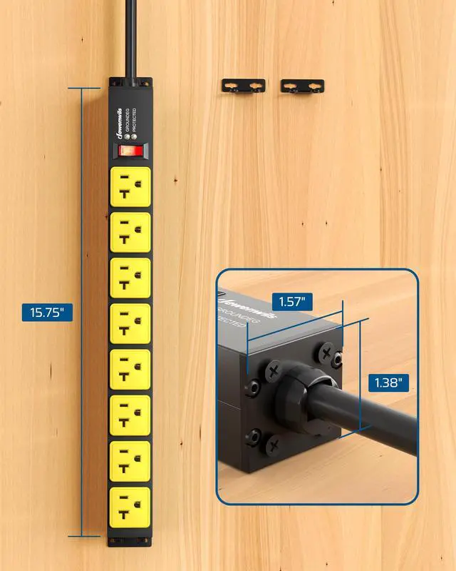 Alt view image 7 of 7 - 20 Amp Power Strip, 12 Gauge Extension Cord, 6FT, UL Listed | 8 AC Outlets, Overload & Surge Protection, Wide-Spaced 5-20R & 5-20P T-Slot, Heavy Duty for Garage, Workshop, Outdoor