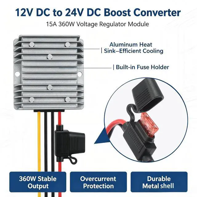Alt view image 3 of 7 - DC 10-22V Step Up to 24V 15A 360W DC Boost Converter with Fuse | Voltage Regulator Supply Power Converter Waterproof Module Transformer for Golf Cart CNC Equipment RV Accessories