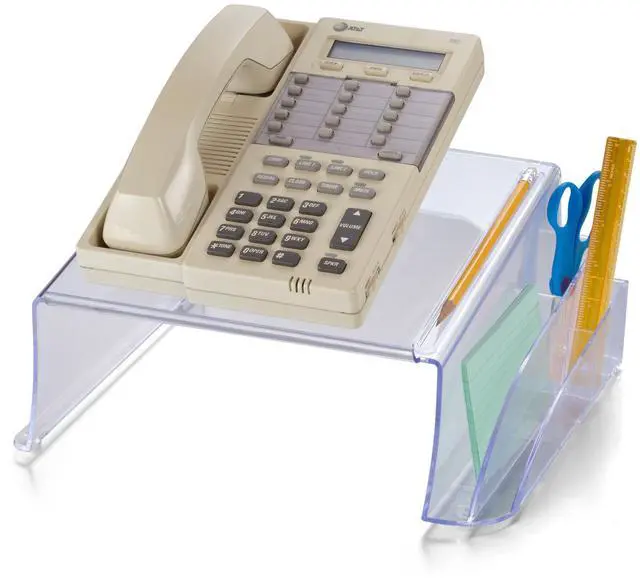Main image of Telephone Stand - Laptop Stand and Desk Organizer with Storage Underneath, 3 Pen Compartments, 2 Accessory Holders, Non-Skid Rubber Pads, 12.5 x 10.125 x 5.25 Inches, Clear