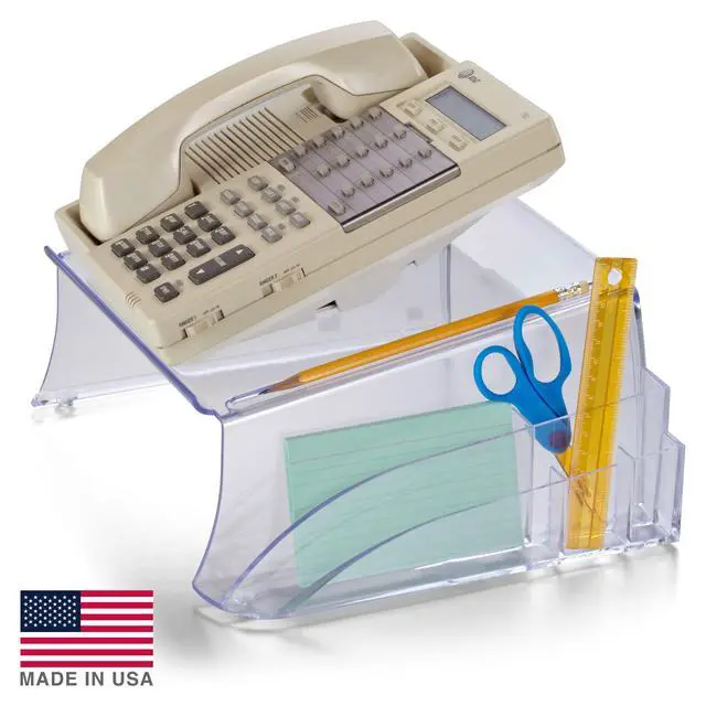 Alt view image 3 of 7 - Telephone Stand - Laptop Stand and Desk Organizer with Storage Underneath, 3 Pen Compartments, 2 Accessory Holders, Non-Skid Rubber Pads, 12.5 x 10.125 x 5.25 Inches, Clear