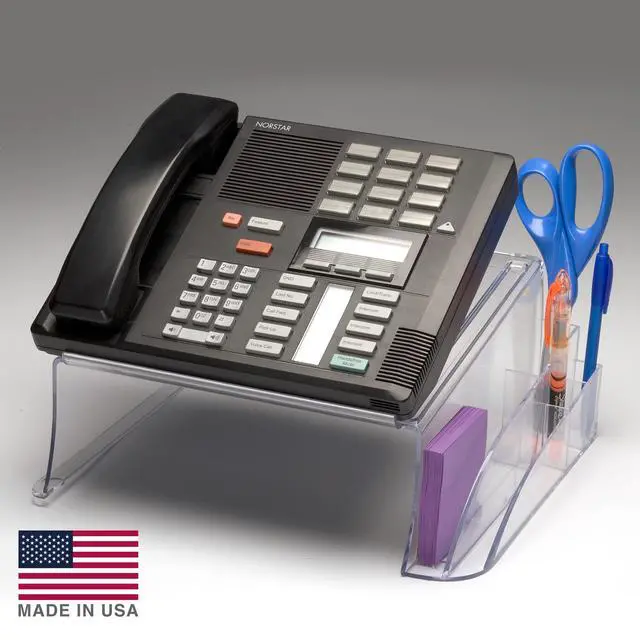 Alt view image 4 of 7 - Telephone Stand - Laptop Stand and Desk Organizer with Storage Underneath, 3 Pen Compartments, 2 Accessory Holders, Non-Skid Rubber Pads, 12.5 x 10.125 x 5.25 Inches, Clear
