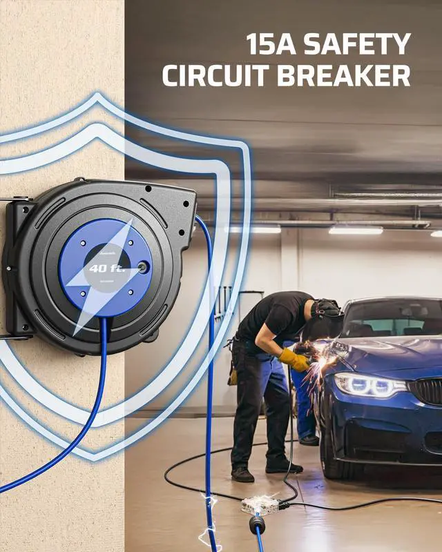 Alt view image 6 of 7 - 6 Grounded Outlets Retractable Cord Reel, 12/3C SJTOW, 40FT, ETL | Twist-Lock Stopper,15A Circuit Breaker,SJTOW Heavy Duty Power Cord, Automatic Retractable,180°Swivel Bracket for Garage