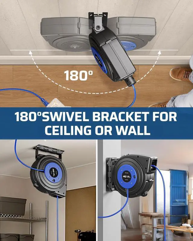Alt view image 7 of 7 - 6 Grounded Outlets Retractable Cord Reel, 12/3C SJTOW, 40FT, ETL | Twist-Lock Stopper,15A Circuit Breaker,SJTOW Heavy Duty Power Cord, Automatic Retractable,180°Swivel Bracket for Garage