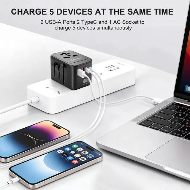 Alt view image 5 of 5 - 45W GaN PD Travel Adapter 5-Port EU UK US AU Plug Black | All-in-one international power adapter, travel essential for US EU UK overseas trips