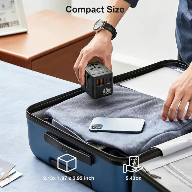 Alt view image 3 of 5 - 45W GaN PD Travel Adapter 5-Port EU UK US AU Plug Black | All-in-one international power adapter, travel essential for US EU UK overseas trips