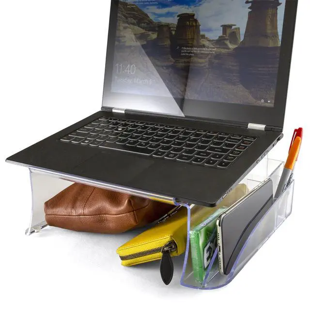 Alt view image 6 of 7 - Telephone Stand - Laptop Stand and Desk Organizer with Storage Underneath, 3 Pen Compartments, 2 Accessory Holders, Non-Skid Rubber Pads, 12.5 x 10.125 x 5.25 Inches, Clear