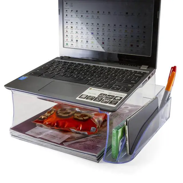 Alt view image 7 of 7 - Telephone Stand - Laptop Stand and Desk Organizer with Storage Underneath, 3 Pen Compartments, 2 Accessory Holders, Non-Skid Rubber Pads, 12.5 x 10.125 x 5.25 Inches, Clear