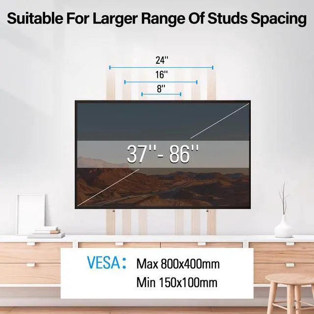 Alt view image 7 of 7 - TV Wall Mount for Most 37-86" TVs, Tilting TV Mount Bracket with Level Adjustment Fits 16" 24" Studs Easy for TVs Centering, Wall Mount Bracket Max VESA 800x400mm, 120 LBS Loading