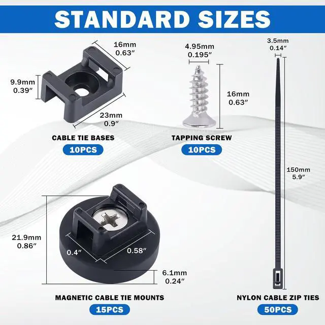 Alt view image 2 of 6 - 15 PCS Magnetic Zip Tie Mounts, Black Magnetic Wire Holder Multipurpose & Releasable Nylon Cable Ties & Cable Tie Mounts Base and Tapping Screws for Car and Office Supplies(85 Pcs 22mm)
