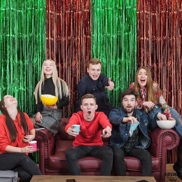 Alt view image 6 of 7 - XtraLarge Green and Brown Backdrop - 3.25x 8 Feet, Pack of 4 | Green and Brown Fringe Backdrop Curtains for Football Party Decorations | Foil Fringe Curtains for Dinosaur Birthday Decor
