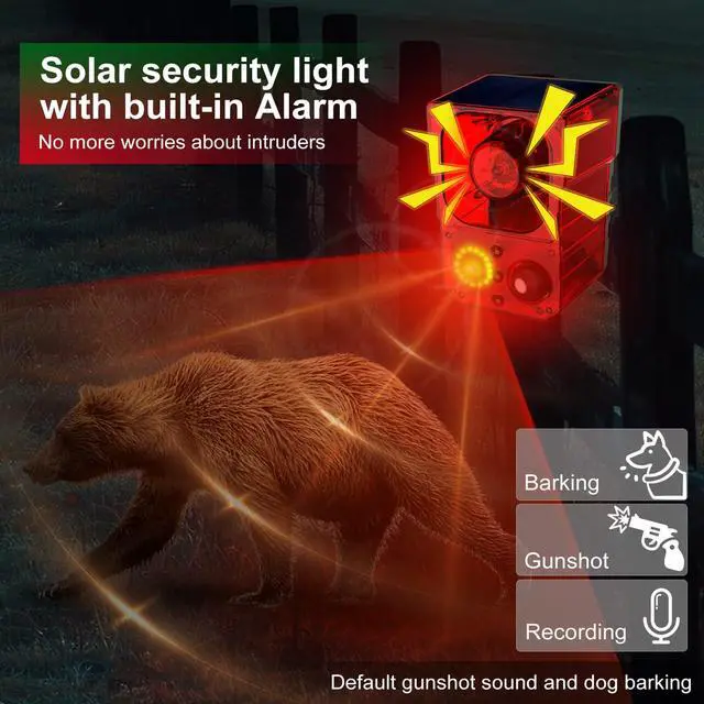 Alt view image 2 of 7 - Solar Outdoor Motion Sensor Alarm - Noise maker129dB Alarm, Recording, Siren, Dog Bark & Gunshot. with Remote, Wide-Angle Sensing. Fit Indoor/Outdoor. Detects Motion, Deters Intruders