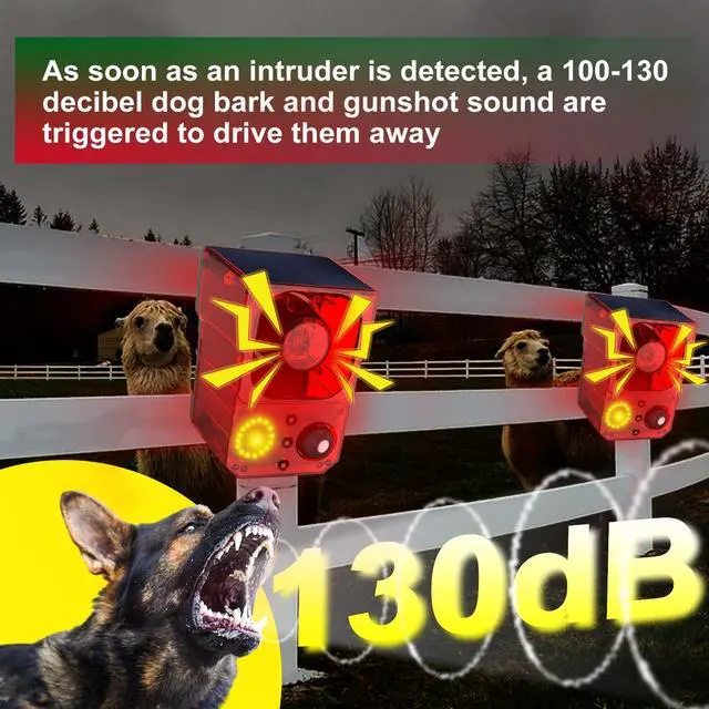 Alt view image 3 of 7 - Solar Outdoor Motion Sensor Alarm - Noise maker129dB Alarm, Recording, Siren, Dog Bark & Gunshot. with Remote, Wide-Angle Sensing. Fit Indoor/Outdoor. Detects Motion, Deters Intruders