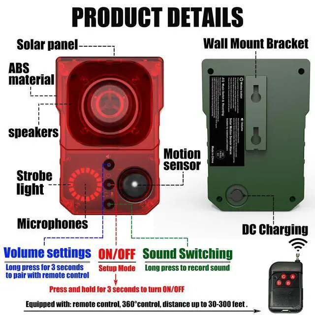 Alt view image 5 of 7 - Solar Outdoor Motion Sensor Alarm - Noise maker129dB Alarm, Recording, Siren, Dog Bark & Gunshot. with Remote, Wide-Angle Sensing. Fit Indoor/Outdoor. Detects Motion, Deters Intruders