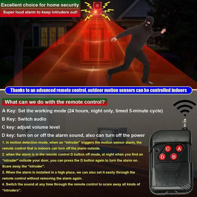Alt view image 4 of 7 - Solar Outdoor Motion Sensor Alarm - Noise maker129dB Alarm, Recording, Siren, Dog Bark & Gunshot. with Remote, Wide-Angle Sensing. Fit Indoor/Outdoor. Detects Motion, Deters Intruders