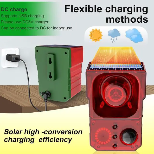 Alt view image 6 of 7 - Solar Outdoor Motion Sensor Alarm - Noise maker129dB Alarm, Recording, Siren, Dog Bark & Gunshot. with Remote, Wide-Angle Sensing. Fit Indoor/Outdoor. Detects Motion, Deters Intruders
