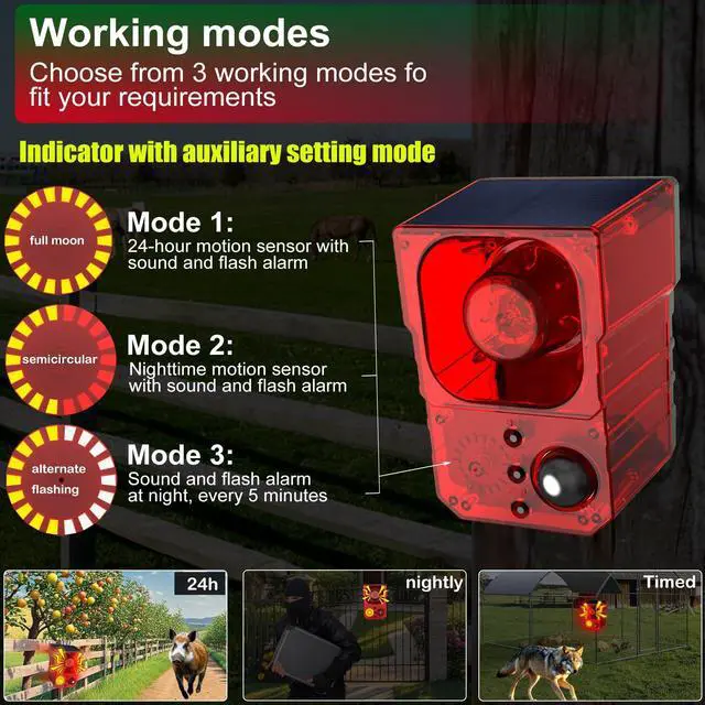 Alt view image 7 of 7 - Solar Outdoor Motion Sensor Alarm - Noise maker129dB Alarm, Recording, Siren, Dog Bark & Gunshot. with Remote, Wide-Angle Sensing. Fit Indoor/Outdoor. Detects Motion, Deters Intruders