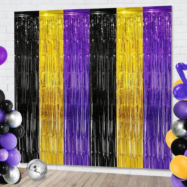 Main image of Purple Gold Black Foil Fringe Curtains Birthday Party Decorations, 2 Pack | 3.28 x 6.56 Ft Purple Gold Black Tinsel Streamer Backdrop Photo Booth Props Music Themed Halloween Graduation Party Decor