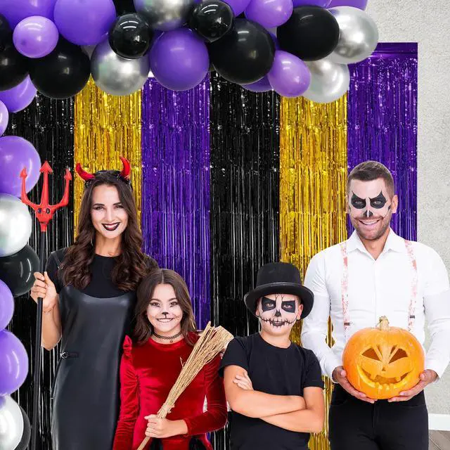 Alt view image 2 of 6 - Purple Gold Black Foil Fringe Curtains Birthday Party Decorations, 2 Pack | 3.28 x 6.56 Ft Purple Gold Black Tinsel Streamer Backdrop Photo Booth Props Music Themed Halloween Graduation Party Decor