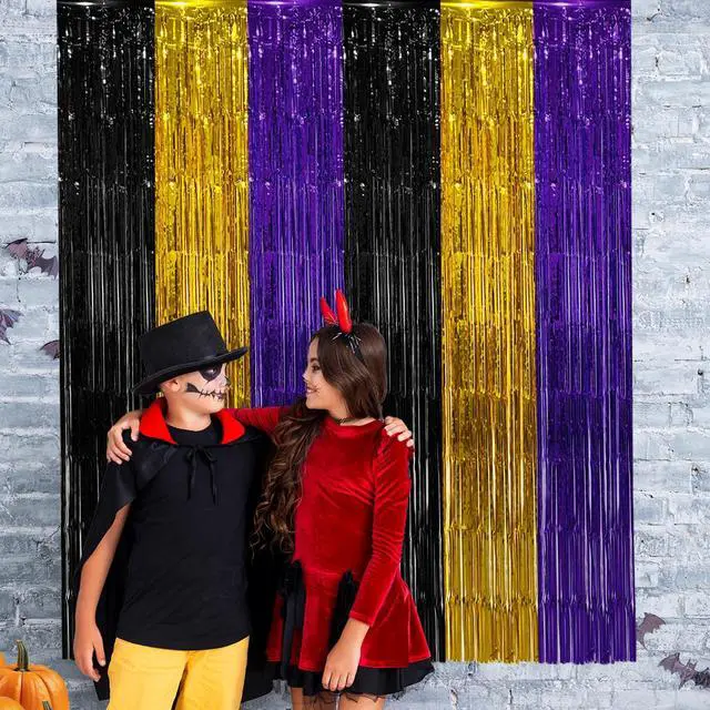 Alt view image 3 of 6 - Purple Gold Black Foil Fringe Curtains Birthday Party Decorations, 2 Pack | 3.28 x 6.56 Ft Purple Gold Black Tinsel Streamer Backdrop Photo Booth Props Music Themed Halloween Graduation Party Decor