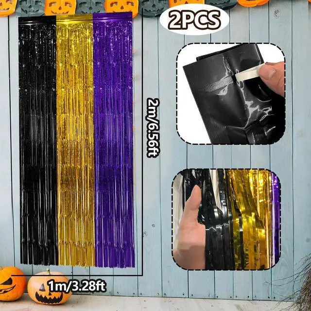 Alt view image 4 of 6 - Purple Gold Black Foil Fringe Curtains Birthday Party Decorations, 2 Pack | 3.28 x 6.56 Ft Purple Gold Black Tinsel Streamer Backdrop Photo Booth Props Music Themed Halloween Graduation Party Decor
