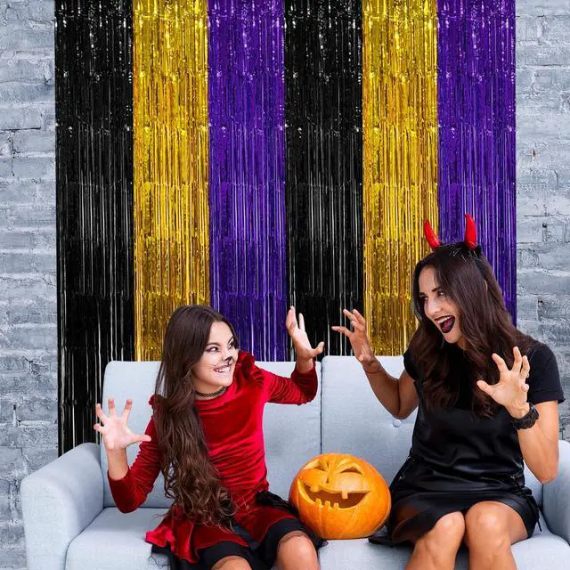 Alt view image 6 of 6 - Purple Gold Black Foil Fringe Curtains Birthday Party Decorations, 2 Pack | 3.28 x 6.56 Ft Purple Gold Black Tinsel Streamer Backdrop Photo Booth Props Music Themed Halloween Graduation Party Decor