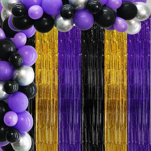 Alt view image 5 of 6 - Purple Gold Black Foil Fringe Curtains Birthday Party Decorations, 2 Pack | 3.28 x 6.56 Ft Purple Gold Black Tinsel Streamer Backdrop Photo Booth Props Music Themed Halloween Graduation Party Decor