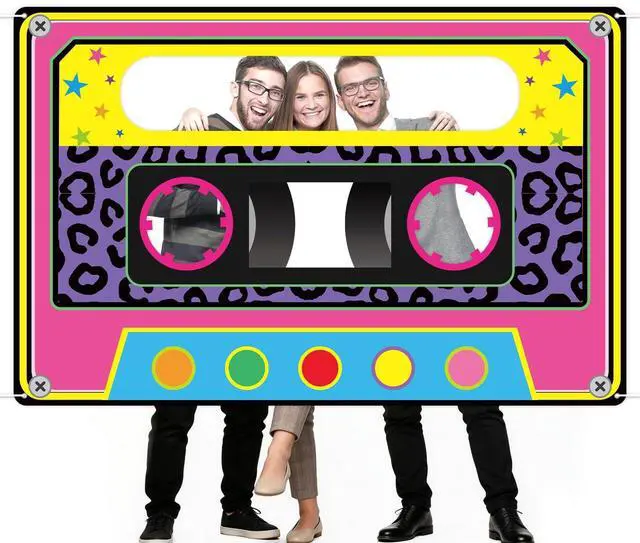 Main image of 71 x 46 Inch Fabric 80s 90s Party Decoration Retro 1980s 1990s Theme Photo Booth Prop Back to 90s Birthday Party Supplies Hip Hop Favor Neon Cassette Tape Hanging Backdrop for Rock Disco Music Decor