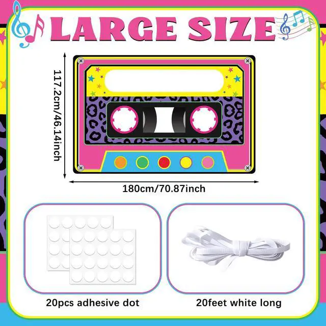 Alt view image 2 of 6 - 71 x 46 Inch Fabric 80s 90s Party Decoration Retro 1980s 1990s Theme Photo Booth Prop Back to 90s Birthday Party Supplies Hip Hop Favor Neon Cassette Tape Hanging Backdrop for Rock Disco Music Decor