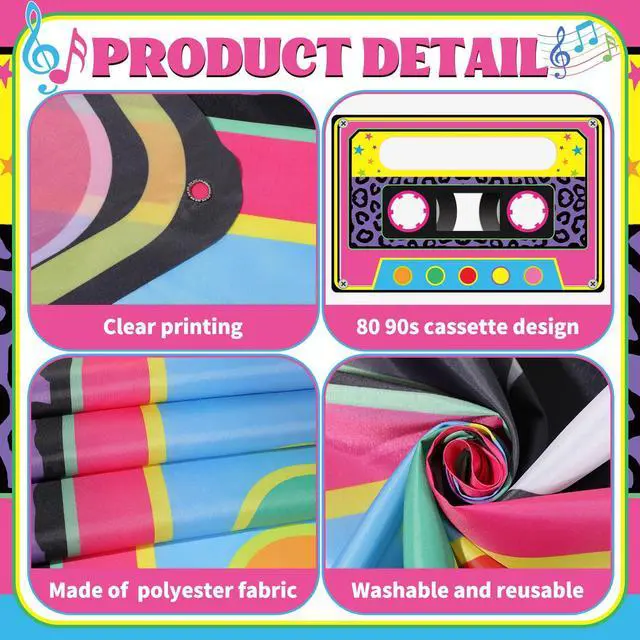 Alt view image 3 of 6 - 71 x 46 Inch Fabric 80s 90s Party Decoration Retro 1980s 1990s Theme Photo Booth Prop Back to 90s Birthday Party Supplies Hip Hop Favor Neon Cassette Tape Hanging Backdrop for Rock Disco Music Decor