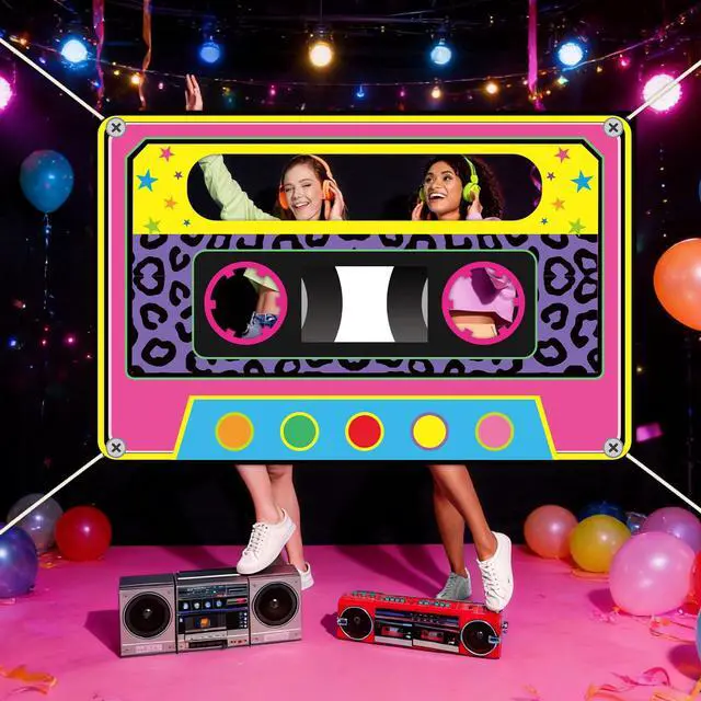 Alt view image 4 of 6 - 71 x 46 Inch Fabric 80s 90s Party Decoration Retro 1980s 1990s Theme Photo Booth Prop Back to 90s Birthday Party Supplies Hip Hop Favor Neon Cassette Tape Hanging Backdrop for Rock Disco Music Decor