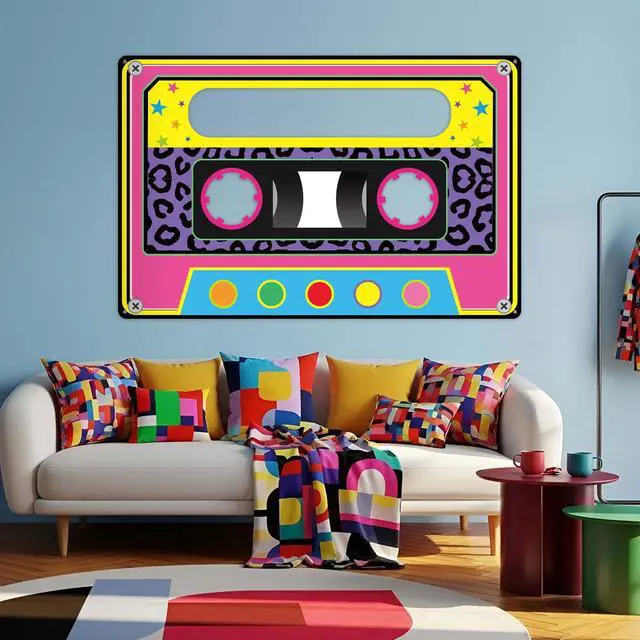 Alt view image 5 of 6 - 71 x 46 Inch Fabric 80s 90s Party Decoration Retro 1980s 1990s Theme Photo Booth Prop Back to 90s Birthday Party Supplies Hip Hop Favor Neon Cassette Tape Hanging Backdrop for Rock Disco Music Decor