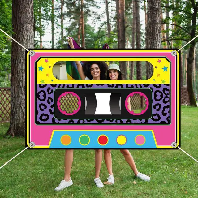 Alt view image 6 of 6 - 71 x 46 Inch Fabric 80s 90s Party Decoration Retro 1980s 1990s Theme Photo Booth Prop Back to 90s Birthday Party Supplies Hip Hop Favor Neon Cassette Tape Hanging Backdrop for Rock Disco Music Decor