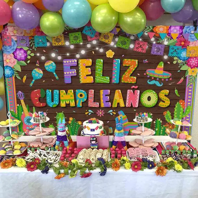 Alt view image 2 of 7 - Feliz Cumpleaños Banner Backdrop Mexican Spanish Birthday Party Decorations Fiesta Birthday Background Party Supplies 70.8 x 43.3 Inch