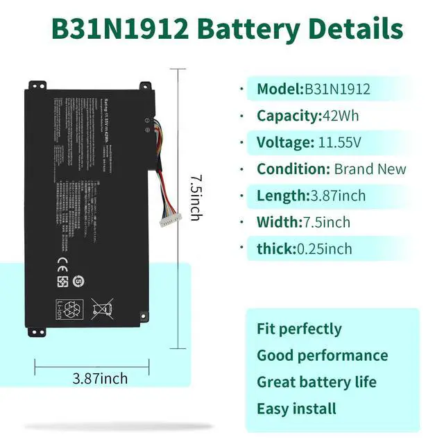 Alt view image 2 of 6 - 42Wh B31N1912 C31N1912 Battery for Asus VivoBook 14 E410M E410MA L410M L510 | Replacement L410MA E410KA F414MA-CL E510KA L510MA R522MA Vivobook 14 E410MA-EK017TS Notebook 11.5V Vivobook L410M-15