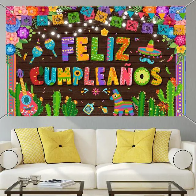 Alt view image 5 of 7 - Feliz Cumpleaños Banner Backdrop Mexican Spanish Birthday Party Decorations Fiesta Birthday Background Party Supplies 70.8 x 43.3 Inch
