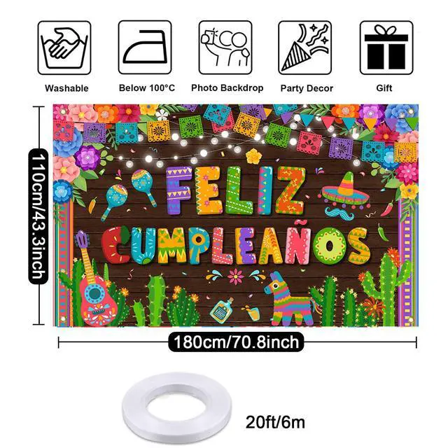 Alt view image 6 of 7 - Feliz Cumpleaños Banner Backdrop Mexican Spanish Birthday Party Decorations Fiesta Birthday Background Party Supplies 70.8 x 43.3 Inch
