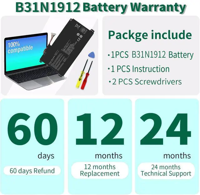 Alt view image 6 of 6 - 42Wh B31N1912 C31N1912 Battery for Asus VivoBook 14 E410M E410MA L410M L510 | Replacement L410MA E410KA F414MA-CL E510KA L510MA R522MA Vivobook 14 E410MA-EK017TS Notebook 11.5V Vivobook L410M-15