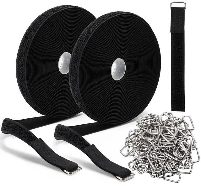 Main image of 65 Ft x 3/4 Inch Hook and Loop Straps with 100 Metal Buckles, Nylon Fastening Cable Ties Adjustable Cinch Strap, Cut-to-Length, Black